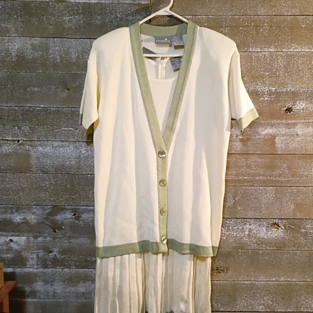 Liz Claiborne Cream and Green Dress 1980s Cardigan Dress Size Small
